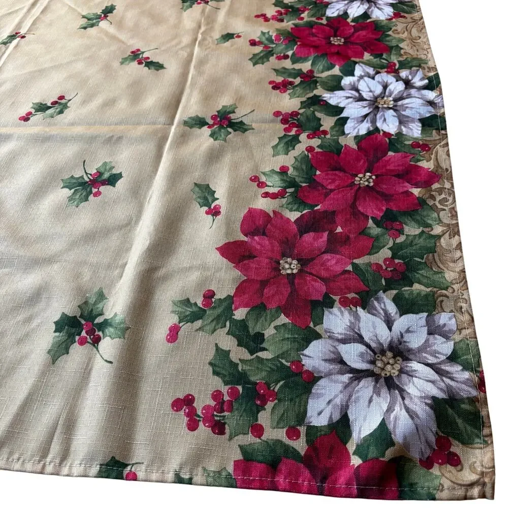 Christmas Tablecloth golden with red poinsettias border print buffet sized cloth